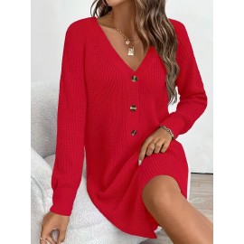 Plus Size, Women's Olive Green V-Neck Collar Sweater Dress with Short Sleeves & Single Button Closure - A-Line Winter Dress for, Office, Semi-Formal Wear - Machine Washable Cozy Outfit