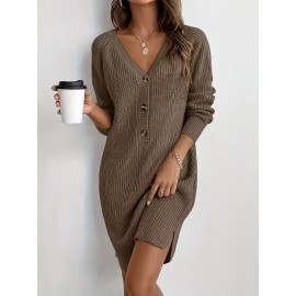 Plus Size, Women's Olive Green V-Neck Collar Sweater Dress with Short Sleeves & Single Button Closure - A-Line Winter Dress for, Office, Semi-Formal Wear - Machine Washable Cozy Outfit