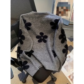 [Elegant Floral Sweater] Plus Size Women's Elegant Floral Sweater | Loose Fit Long Sleeve Pullover with Dark Floral Pattern, Soft Texture Top for Everyday & Formal Outfits - Stylish Knitwear, Seasonal Wardrobe, Breathable Material, Office Wear