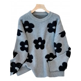 [Elegant Floral Sweater] Plus Size Women's Elegant Floral Sweater | Loose Fit Long Sleeve Pullover with Dark Floral Pattern, Soft Texture Top for Everyday & Formal Outfits - Stylish Knitwear, Seasonal Wardrobe, Breathable Material, Office Wear