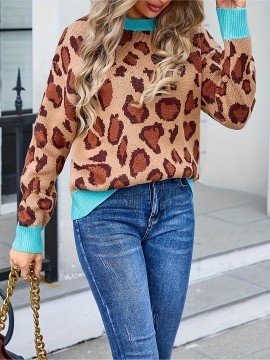 Plus Size - Women'S Plus Size Leopard Print Sweater with Turquoise Cuffs - Cozy Pullover, Loose Fit, Round Neck, Casual Style for Spring/Fall, Casual Wear|Leopard Print Top|Stretchy Fabric