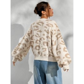 Plus Size - Women'S Plus Size Leopard Print Sweater - Cozy Crew Neck, Long Sleeve Pullover for Fall/Winter, Casual Style with Ribbed Cuffs, Light Beige & Brown Pattern, High-Stretch Fabric, Perfect for Casual Attire, Cozy Sweater
