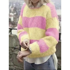 Plus Size - New Striped Color-Blocked Sweater for Autumn And Winter, a Loose-Fitting Plus-Size Rainbow Sweater for Women That Makes You Look Younger.
