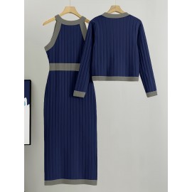 Plus Size - Women'S Plus Size Two-Piece Set - Navy Blue Ribbed Dress & Cardigan Vest, High Waist, Button-Up, Casual Style for Spring/Fall, Versatile Clothing | Buttonup Cardigan | Construction, Plus Size Sweater Dress