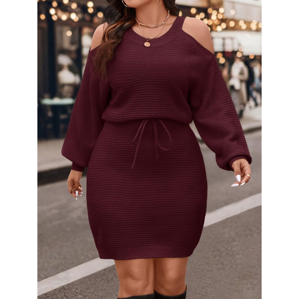 [Elegant Dress] Elegant Plus Size Women's Off-Shoulder Dress | Long Sleeve Round Neck with Waist Tie & Pencil Silhouette, Solid Color Machine Washable Resort Wear for Spring/Fall