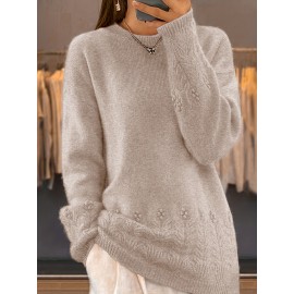 Plus Size, Women's Oversized Elegant Sweater - Winter Warm Round Neck Long Sleeve Cable- Texture Sweater for Fall & Winter, Cozy Casual to Formal Outfits, Plus Size Available (Hand Washable) - Versatile Everyday & Special Occasion Sweater