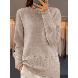 Plus Size, Women's Oversized Elegant Sweater - Winter Warm Round Neck Long Sleeve Cable- Texture Sweater for Fall & Winter, Cozy Casual to Formal Outfits, Plus Size Available (Hand Washable) - Versatile Everyday & Special Occasion Sweater