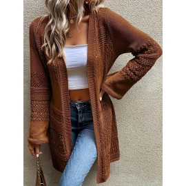 Plus Size, Plus-size fashionable solid openwork cardigan, casual long-sleeve crochet cardigan