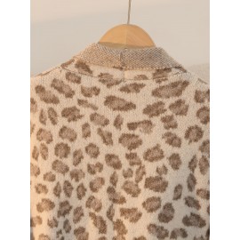 Plus Size - Women'S Leopard Print Cardigan - Cozy Mid-Length Open Front with Pockets, Oversized Fit for Fall/Winter, Warm & Stylish for Casual or Commuting, Cozy Clothing | Leopard Print Cardigan | Construction, Leopard Print Cardigan