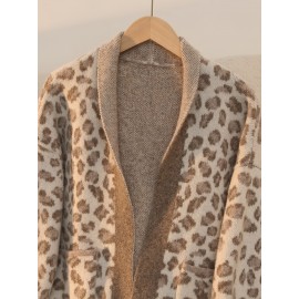 Plus Size - Women'S Leopard Print Cardigan - Cozy Mid-Length Open Front with Pockets, Oversized Fit for Fall/Winter, Warm & Stylish for Casual or Commuting, Cozy Clothing | Leopard Print Cardigan | Construction, Leopard Print Cardigan