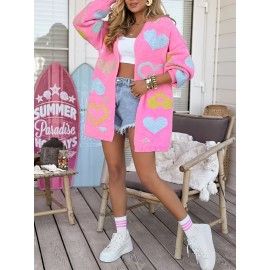 Plus Size - Women'S Pink Heart Pattern Cardigan - V-Neck, Long Sleeve, Mid-Length Open Front Sweater for Fall/Winter, Casual Style with White Top and Jeans, Cardigan Sweater