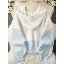 Plus Size - Women'S Korean Style Pink Patchwork Hooded Sweater - Casual Long Sleeve Cardigan with Button Front, Loose Fit for Fall/Winter, Lightweight & Cozy, Buttoned Cardigan