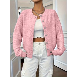 Plus Size - Plus Size - Women'S Elegant Solid Color Long Sleeve Cardigan - Soft Stretchy Button-Front Open Front Sweater, Round Neck Fall/Winter Coat for Casual & Formal Outfits, Cardigan Sweater, Winter Clothing, Stylish Knitwear, Office Wear