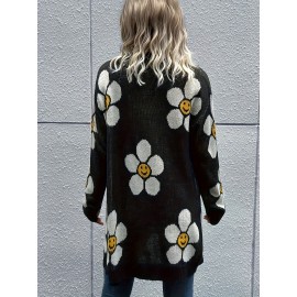 [Floral Cardigan] Plus Size - Plus Size - Women's Elegant Floral Cardigan - Long Sleeve Open Front Sweater with Button Closure, Chic Layering Piece for Fall/Winter, Office, Party, Everyday Outfits - Women's Fashion Sweater, Sweater Cardigan, Party Attire