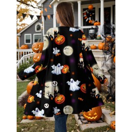Plus Size - Plus Size Women'S Halloween Pumpkin Print Cardigan - Casual Long Sleeve with Ghosts, Bats & Autumn Leaves Design, Black & Orange, Perfect for Fall & Winter, Halloween Costume