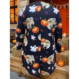 Plus Size - Plus Size Women'S Halloween Pumpkin Print Cardigan - Casual Long Sleeve with Ghosts, Bats & Autumn Leaves Design, Black & Orange, Perfect for Fall & Winter, Halloween Costume