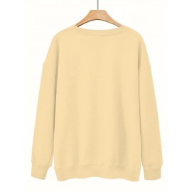 Women's Red joyful Face & Smile Letter Print Sweatshirt - Soft Machine-Washable Polyester Crew Neck Long Sleeve Casual Pullover for Fall Winter, Cozy Everyday Lounge Wear, Comfortable Fit