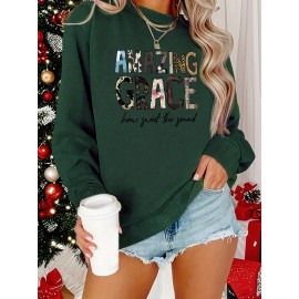 [Cozy Letter Print Sweatshirt] Cozy Plus Size Women's AMAZING GRACE Letter Print Sweatshirt | Long Sleeve Crewneck Pullover with Floral Accents, Machine Washable Polyester, Relaxed Fit for Fall & Winter Casual Wear, Cute Sweatshirts