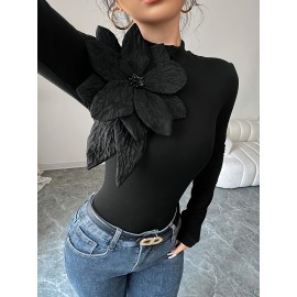 [Floral Embellished Crop Top] Elegant Floral Embellished Women's Black Long-Sleeve Crop Top | High Neck, Ruched Design, Cinched Waist, Perfect for Casual or Stylish Outfits