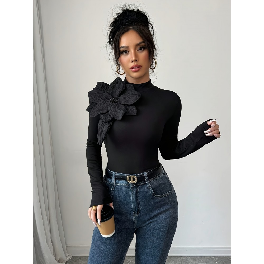 [Floral Embellished Crop Top] Elegant Floral Embellished Women's Black Long-Sleeve Crop Top | High Neck, Ruched Design, Cinched Waist, Perfect for Casual or Stylish Outfits