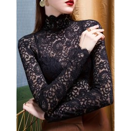 Set of 2, Solid Color Lace Tops, Featuring a Mock Neck And Elegant Long Sleeves, Perfect As a Base Layer for Spring And Autumn, Women'S T-Shirt.