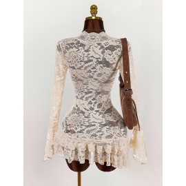 Women'S Y2K Retro Lace Top - Deep V-Neck Blouse with Flared Bell Sleeves, ElegantSexy Party & Formal Outfits, Non-See-Through Lace Shirt for Nightlife, Dates, Office - Spring/Fall Women'S Clothing, Date Night Attire, Ruffled Hem Design