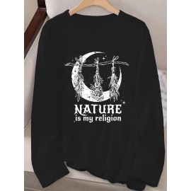 Women's Casual Long Sleeve Crew Neck Graphic T-Shirt - Sun Moon Stars Print with 