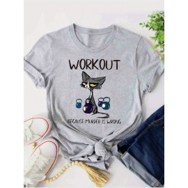 [Humorous Workout T-Shirt] 1pc Women's Casual Short Sleeve T-Shirt | Soft, Lightweight, Humorous Cat & Dumbbell Graphic Print, 