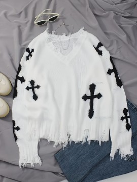 Plus Size Cross Pattern Knit Sweater, Casual Long Sleeve V Neck Raw Hem Top For Fall & Winter, Women's Plus Size Clothing