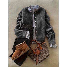 [Fall Winter Apparel] Plus Size Women's Elegant Cardigan | Chic Solid Color Open Front Button-Up Sweater with Ribbed Cuffs, Long Sleeves, and Button Details for Fall/Winter Casual or Office Wear, Versatile Layering Piece