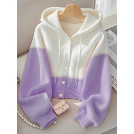 Plus Size - Women'S Korean Style Pink Patchwork Hooded Sweater - Casual Long Sleeve Cardigan with Button Front, Loose Fit for Fall/Winter, Lightweight & Cozy, Buttoned Cardigan