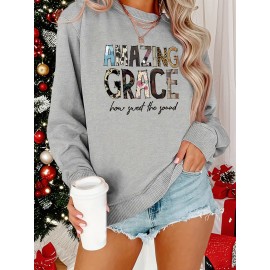 [Cozy Letter Print Sweatshirt] Cozy Plus Size Women's AMAZING GRACE Letter Print Sweatshirt | Long Sleeve Crewneck Pullover with Floral Accents, Machine Washable Polyester, Relaxed Fit for Fall & Winter Casual Wear, Cute Sweatshirts