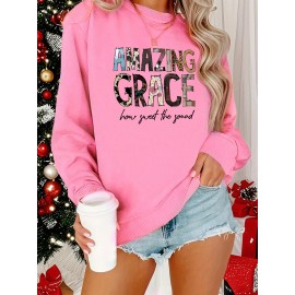 [Cozy Letter Print Sweatshirt] Cozy Plus Size Women's AMAZING GRACE Letter Print Sweatshirt | Long Sleeve Crewneck Pullover with Floral Accents, Machine Washable Polyester, Relaxed Fit for Fall & Winter Casual Wear, Cute Sweatshirts