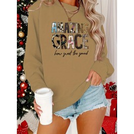 [Cozy Letter Print Sweatshirt] Cozy Plus Size Women's AMAZING GRACE Letter Print Sweatshirt | Long Sleeve Crewneck Pullover with Floral Accents, Machine Washable Polyester, Relaxed Fit for Fall & Winter Casual Wear, Cute Sweatshirts