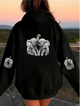 Women'S Cozy Fleece-Lined Zip-Up Hoodie with Elephant Print - Casual Black Pullover with Front Pocket, Long Sleeves, and Ribbed Cuffs, Perfect for Fall & Winter, Autumn Winter Apparel | Playful Print Hoodie | Texture