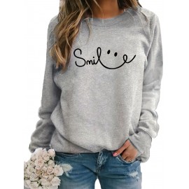 Women's Red joyful Face & Smile Letter Print Sweatshirt - Soft Machine-Washable Polyester Crew Neck Long Sleeve Casual Pullover for Fall Winter, Cozy Everyday Lounge Wear, Comfortable Fit