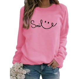 Women's Red joyful Face & Smile Letter Print Sweatshirt - Soft Machine-Washable Polyester Crew Neck Long Sleeve Casual Pullover for Fall Winter, Cozy Everyday Lounge Wear, Comfortable Fit