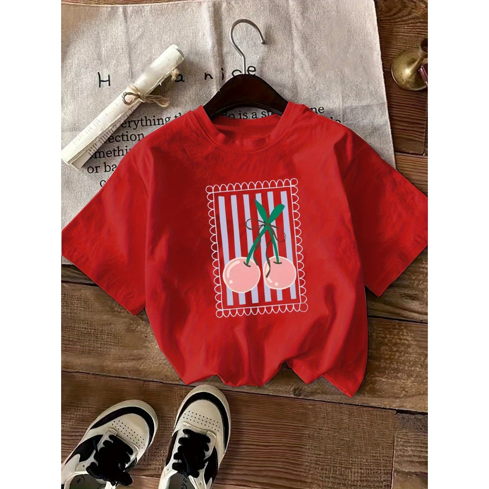 Women's Black Cherry Print Short Sleeve T-Shirt - Geometric Pattern with Pink Cherries & Green Leaves, 180gsm Polyester, Round Neck, All-Season Casual Top, Machine Washable, Cherry Tshirt, Playful Design, Texture