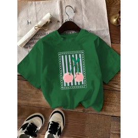 Women's Black Cherry Print Short Sleeve T-Shirt - Geometric Pattern with Pink Cherries & Green Leaves, 180gsm Polyester, Round Neck, All-Season Casual Top, Machine Washable, Cherry Tshirt, Playful Design, Texture