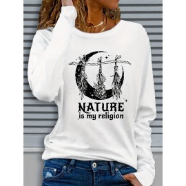 Women's Casual Long Sleeve Crew Neck Graphic T-Shirt - Sun Moon Stars Print with 